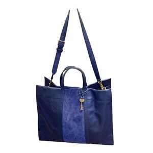Fossil Large Blue Leather & Suede Tote Bag With Gold Hardware & Key Accent